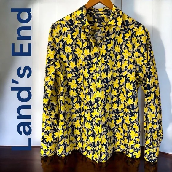 Lands End-NWOT women’s 12 gorgeous no iron floral button down oxford blue/yellow - Picture 8 of 9